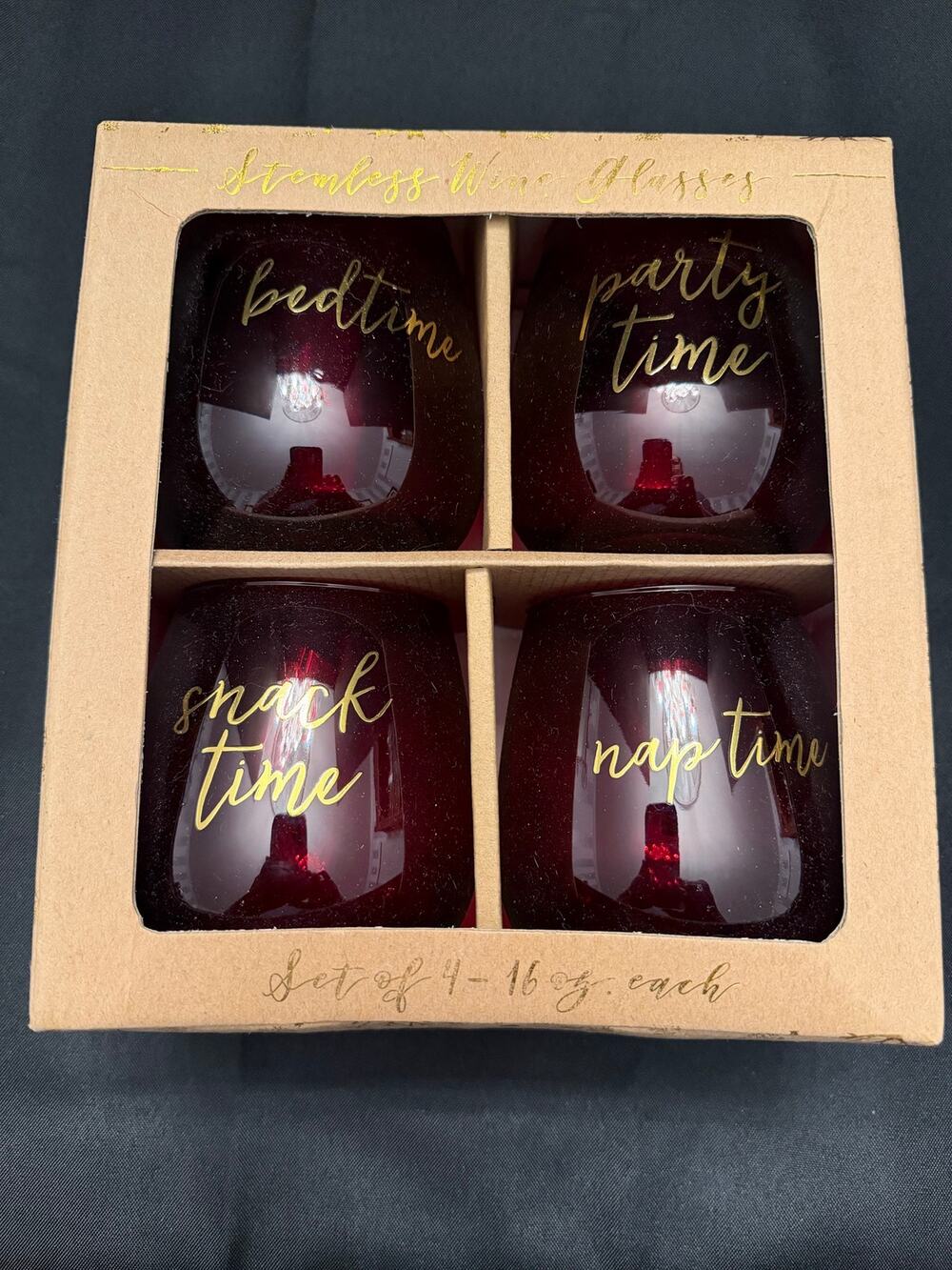 Unwind in Style: Ultimate "Time" Stemless Wine Glass Set qty 4 -16oz Red Glasses
